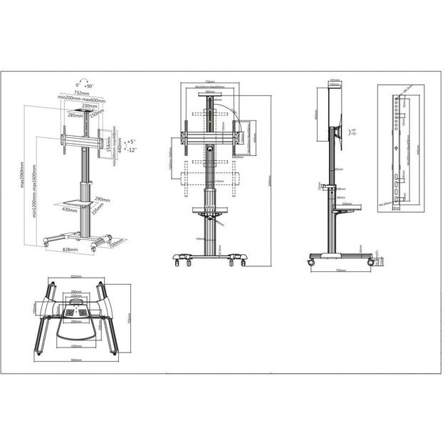 Manhattan TV and Monitor Mount, Trolley Stand, 1 screen, Screen Sizes: 37-65 , Silver, VESA 200x200 to 600x400mm, Max 50kg,