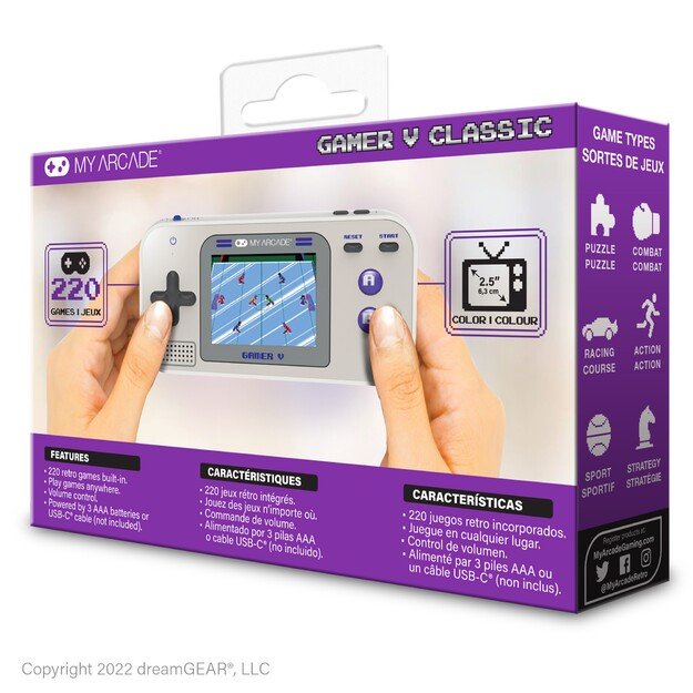 MY ARCADE GAMER V CLASSIC nešiojama žaidimų konsolė 220 žaidimų viename, pilkas, violetinis