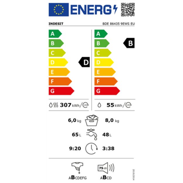 INDESIT | Washing machine with Dryer | BDE 86435 9EWS EU | Energy efficiency class D | Front loading | Washing capacity 8 kg | 1