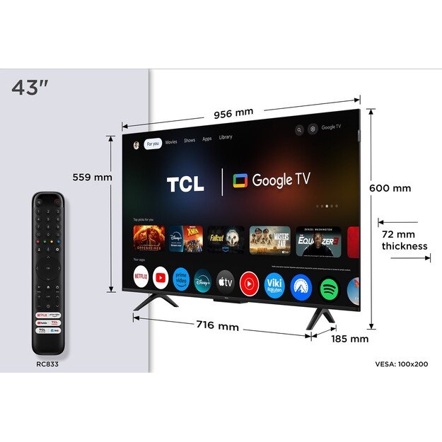 TCL P7K 43P7K TV 109.2 cm (43 ) 4K Ultra HD Smart TV Wi-Fi Metallic 430 cd/m&sup2;