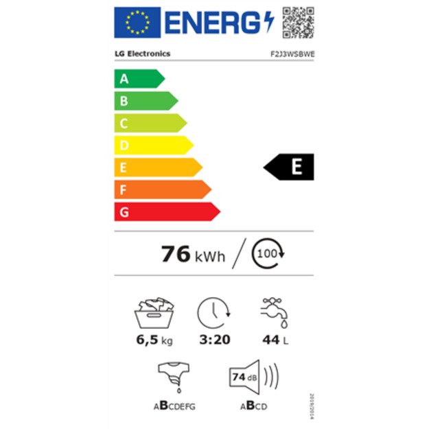 LG | Washing machine | F2J3WSBWE | Energy efficiency class E | Front loading | Washing capacity 6.5 kg | 1200 RPM | Depth 44 cm