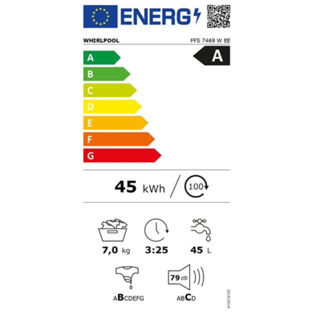 Whirlpool Washing machine | FFS 7469 W EE | Energy efficiency class A | Front loading | Washing capacity 7 kg | 1400 RPM | Depth