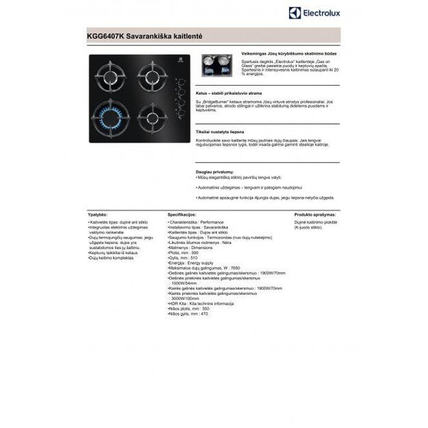 59 cm pločio įmontuojama dujinė kaitlentė Electrolux KGG6407K