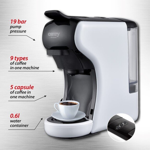 Camry Multi-capsule Espresso machine CR 4414 Pump pressure 19 bar, Ground/Capsule, 1450 W, White/Black