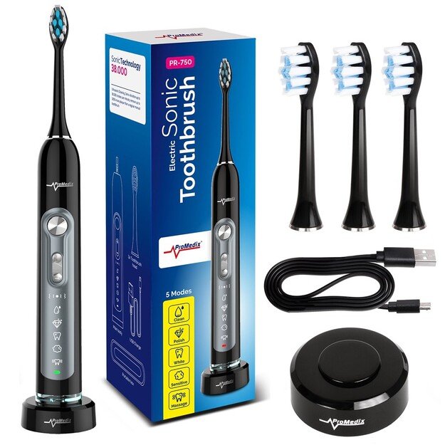 Promedix PR-750 B Electric Sonic Toothbrush IPX7 Black, Travel Case, 5 Operation Modes, Timer, 3 Power Levels, 3 Exchangable