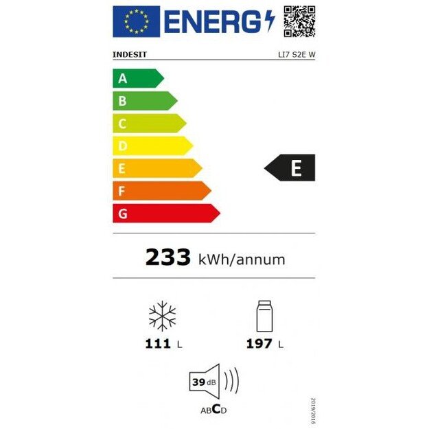 INDESIT | Refrigerator | LI7 S2E W | Energy efficiency class E | Free standing | Combi | Height 176.3 cm | Fridge net capacity 1