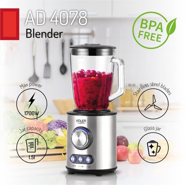 Adler | Blender | AD 4078 | Tabletop | 1700 W | Jar material Glass | Jar capacity 1.5 L | Ice crushing | Stainless steel