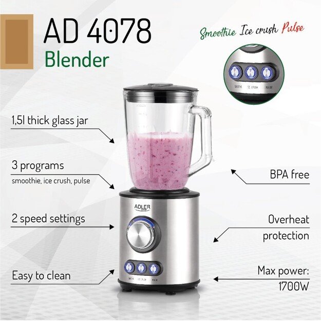 Adler | Blender | AD 4078 | Tabletop | 1700 W | Jar material Glass | Jar capacity 1.5 L | Ice crushing | Stainless steel