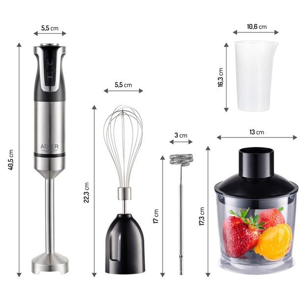 Adler | AD 4627 | Hand Blender Set | 1800 W | Number of speeds 20 | Turbo mode | Chopper | Stainless Steel/Black