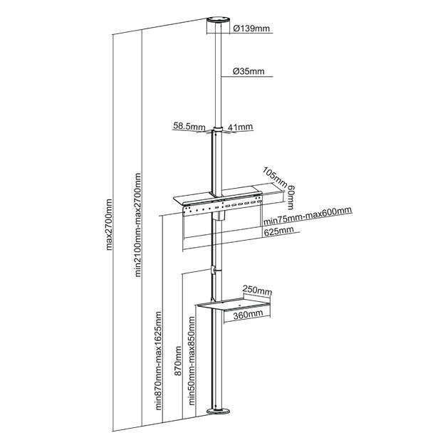 Telescopic TV holder, ceiling and floor with shelf Maclean MC-791N 37  -70 , max. 30 kg