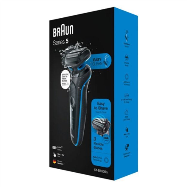 Braun 51-B1000s, Foil shaver, Black, Blue, Power, AC/Battery, Lithium-Ion (Li-Ion), 50 min 1