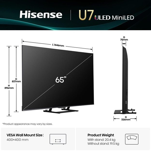 Hisense Mini LED TV | 65U7Q | 65 | Smart TV | VIDAA Smart OS | UHD | Black
