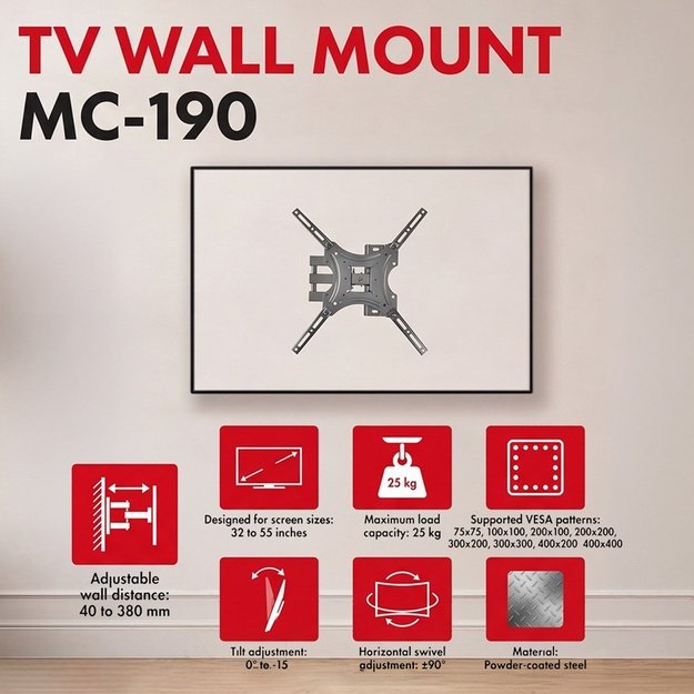 Maclean TV Mount / Bracket, max VESA 400x400, 32-55 , up to 25 kg, black, tilt adjustment 0&deg;&ndash;-15&deg; and swivel adjustment
