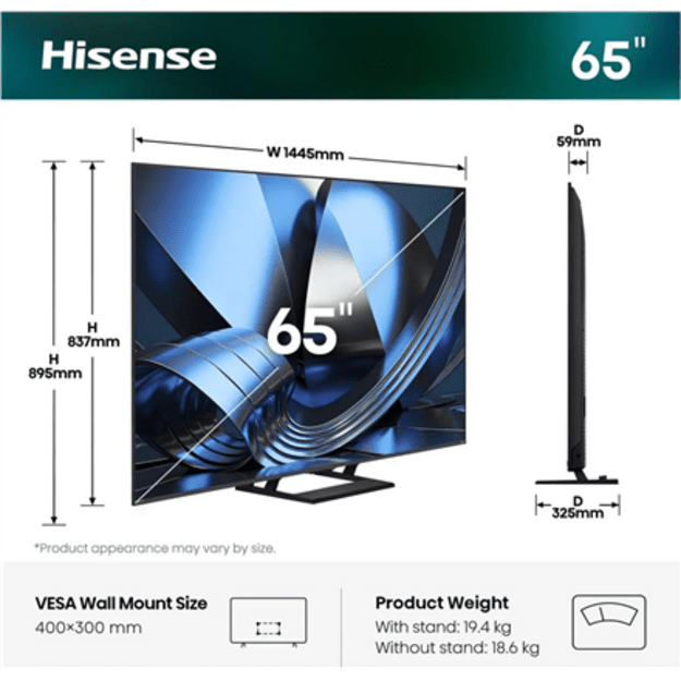 Hisense ULED MiniLED TV | 65U7SE | 65  | Smart TV | VIDAA OS | UHD | Black