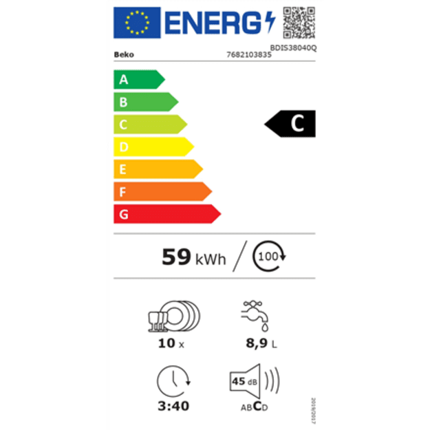 BEKO Dishwasher | BDIS38040Q | Built-in | Width 45 cm | Number of place settings 10 | Number of programs 8 | Energy efficiency c