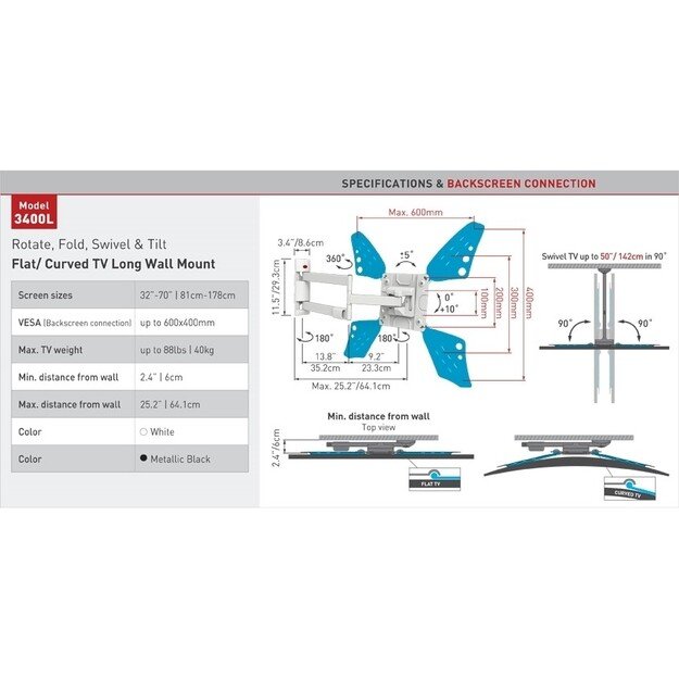BARKAN 3400LW.W 65  lygiam/lenktam TV, 4 lankstų, sieninis, baltas 2