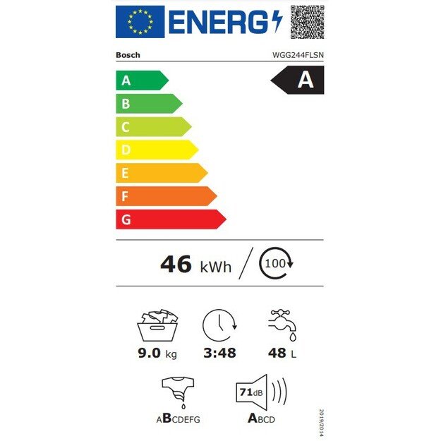 Bosch Washing Machine WGG244FLSN Energy efficiency class A Front loading Washing capacity 9 kg 1400 RPM Depth 59 cm Width 60 cm 