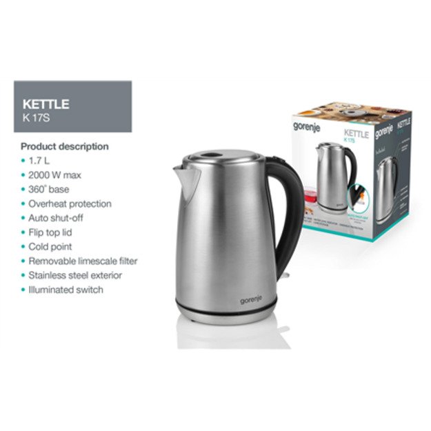 Gorenje | Kettle | K17S | Electric | 2000 W | 1.7 L | Stainless steel | 360° rotational base | Stainless steel