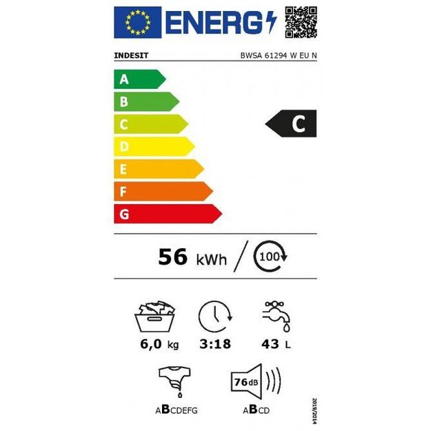 INDESIT | Washing machine | BWSA 61294 W EU N | Energy efficiency class C | Front loading | Washing capacity 6 kg | 1151 RPM | D