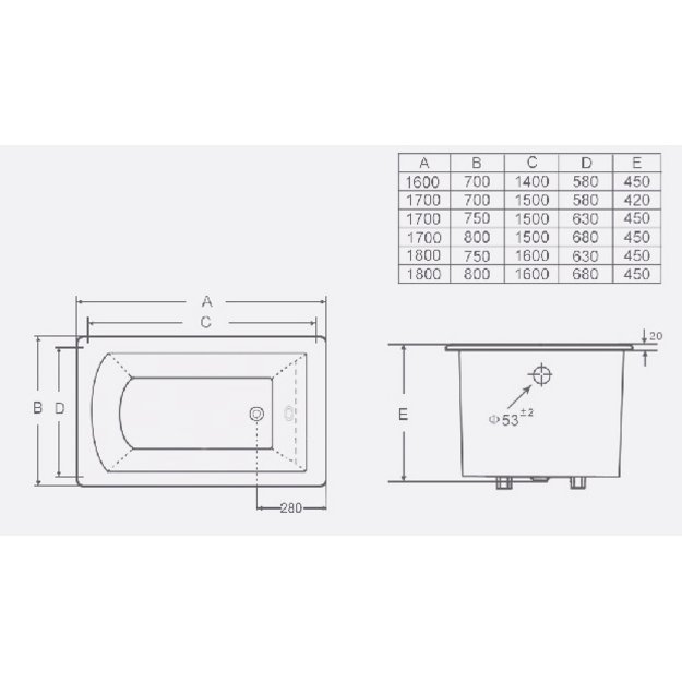 Ketinė vonia ELITE 180x80x45