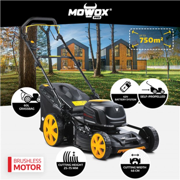 MoWox | 62V Excel Series Cordless Lawnmower | EM 4662 SX-Li | Mowing Area 750 m2 | 4000 mAh | Battery and Charger included