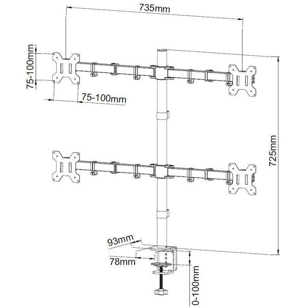 TECHLY 027521 Quadruple desk LED/LCD monitor arm 13-27inch VESA 4x 10kg full motion