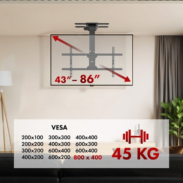 Maclean electric TV mount, ceiling mount, Tuya support, max. VESA 800x400, for TV 43-86 , max. 45kg, MC-110 T