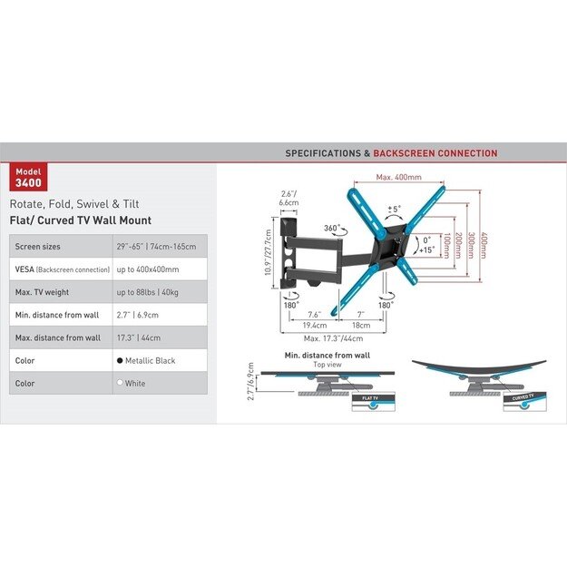 BARKAN 3400W.W 13 -65  lygiam/lenktam TV, 4 lankstų, sieninis, baltas 1