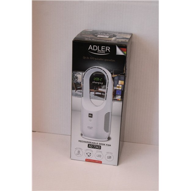 SALE OUT. Adler Bladeless Rechargeable Fan | AD 7343 | Desk Fan | DAMAGED PACKAGING | White | Diameter 14 cm | Number of speeds 