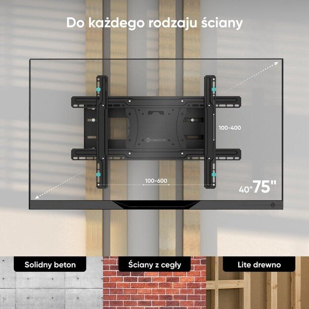 ONKRON Tilting and swiveling TV bracket for 40 -75  max 68 kg, black