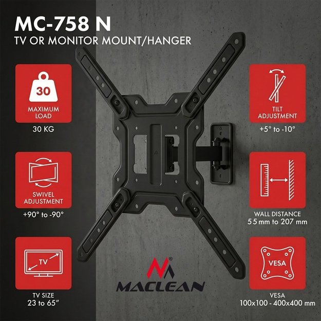 Maclean TV or Monitor Mount / Bracket, max. 23&ndash;65 , max. load 30 kg, universal, max. VESA 400x400, MC-758 N