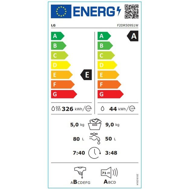 LG | Washing machine with dryer | F2DR509S1W | Energy efficiency class A | Front loading | Washing capacity 9 kg | 1200 RPM | D