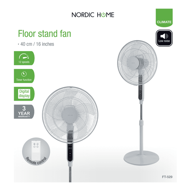 &bdquo;Nordic Home Floor&ldquo; ventiliatorius su nuotolinio valdymo pultu, 40 cm, žemas triuk&scaron;mo lygis, laik