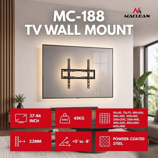 Maclean TV Mount / Bracket, max VESA 600x400, 37-86 , up to 45 kg, black, tilt adjustment 0&deg;&ndash;8&deg;, MC-188