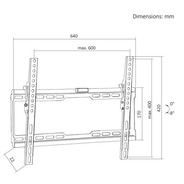 Maclean TV Mount / Bracket, max VESA 600x400, 37-86 , up to 45 kg, black, tilt adjustment 0&deg;&ndash;8&deg;, MC-188