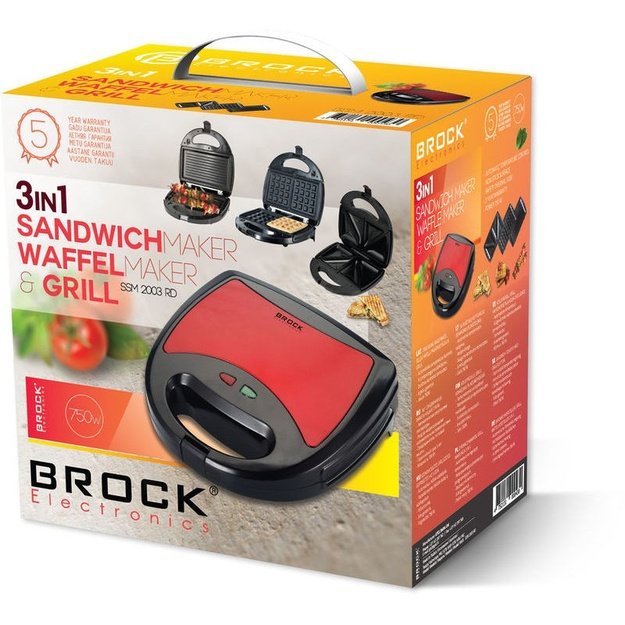 Brock SSM 2003 RD 3 in 1 Sandwich/Waffle Maker And Grill 750W, Black/Red