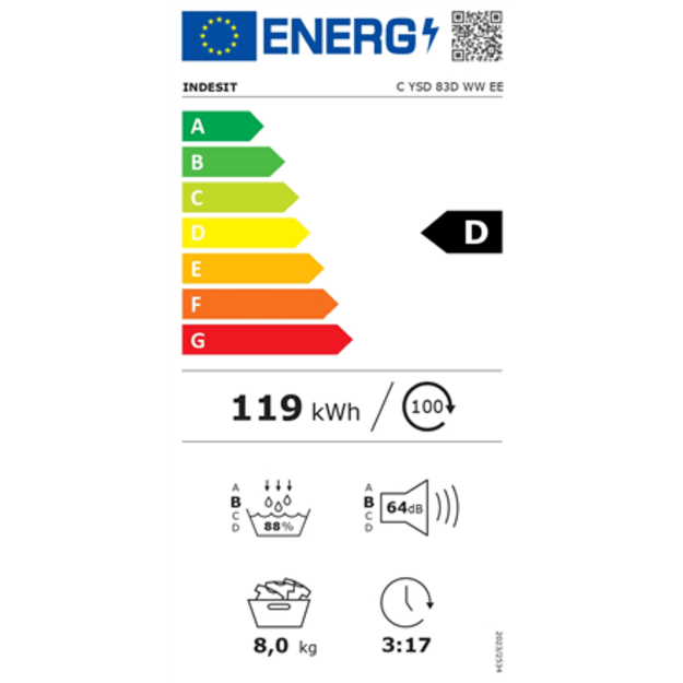 INDESIT Dryer Machine | C YSD 83D WW EE | Energy efficiency class D | Front loading | 8 kg | Heat pump | LED | Depth 54.5 cm | W