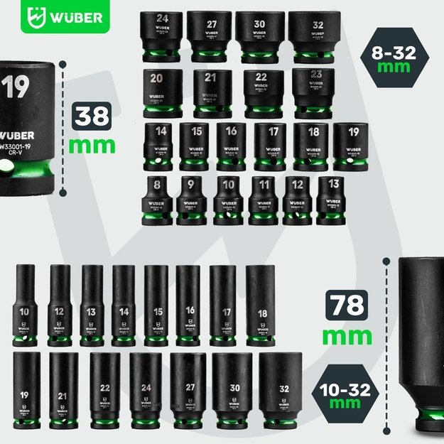 1/2  35-piece long impact socket set hex WUBER