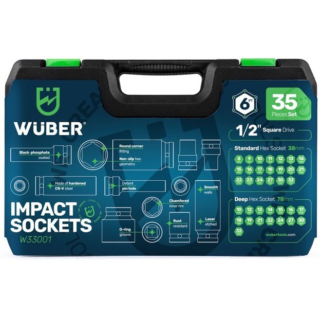 1/2  35-piece long impact socket set hex WUBER