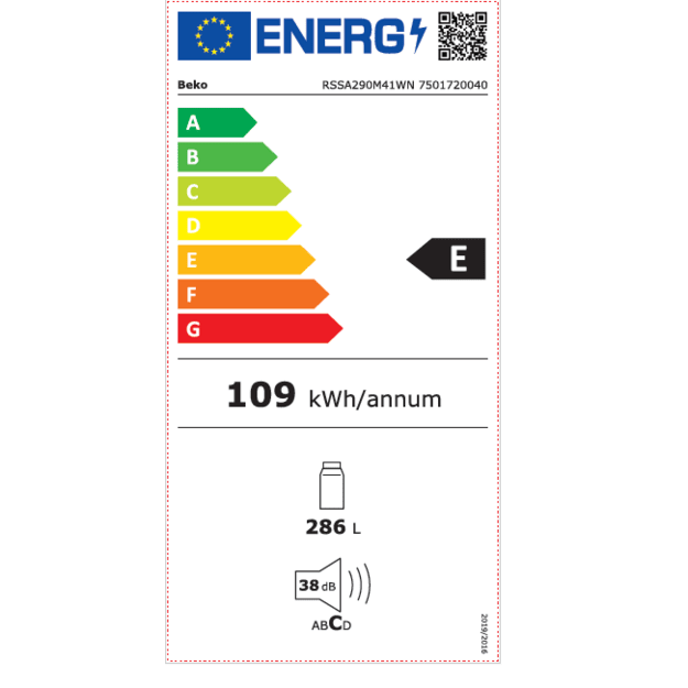 BEKO Refrigerator | RSSA290M41WN | Energy efficiency class E | Free standing | Larder | Height 150.8 cm | Fridge net capacity 28