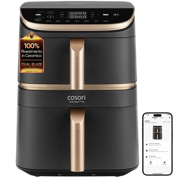 Cosori Turbo Tower Pro Smart Single 10.8 L Stand-alone 2630 W Hot air fryer Black, Gold
