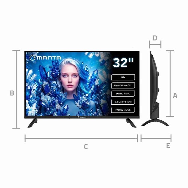 Manta MATV002LHN32 32  LED HD TV with S2 Tuner, DVBT2, HEVC/265, USB, ARC, HDMI, CI+, Slim Design, B