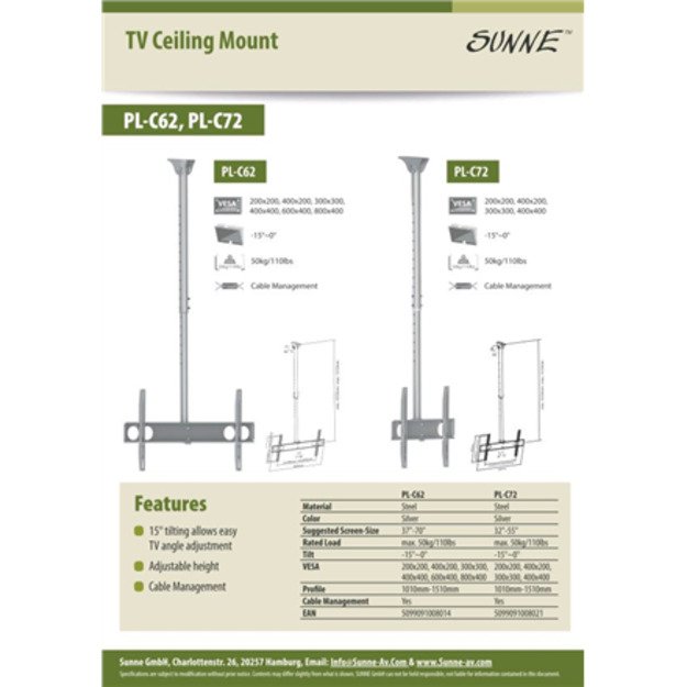 Sunne | Ceiling mount | PL-C62 | Tilt | 37-70   | Maximum weight (capacity) 50 kg | Silver 1