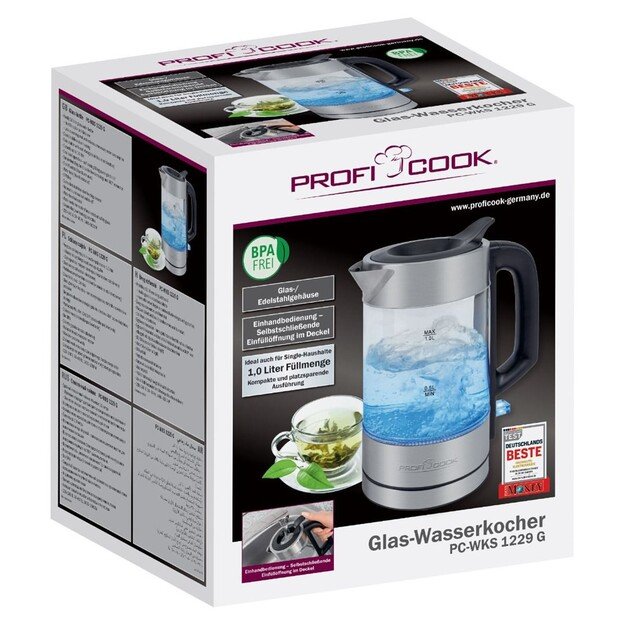 ProfiCook PC-WKS 1229 G electric kettle 1 L 1600 W Stainless steel, Transparent 1