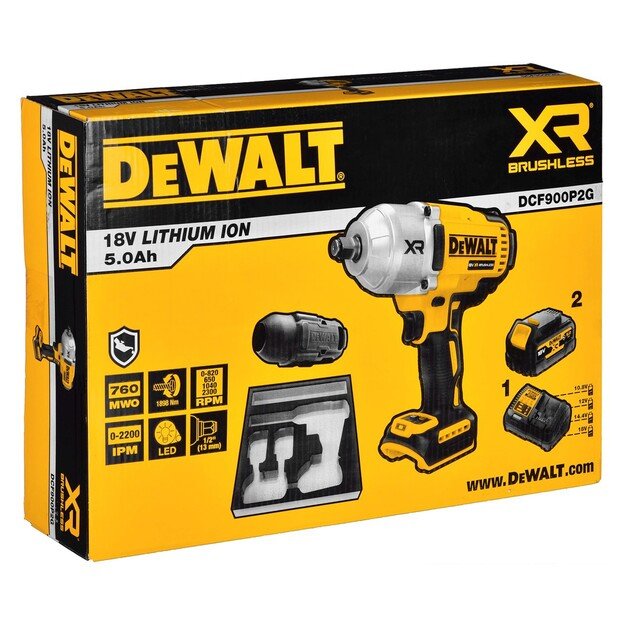 Smūginis veržliasukis 1/2  18V 2*5,0Ah DCF900P2G DEWALT