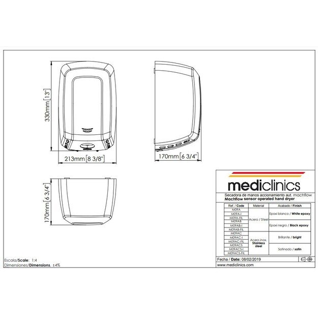 MEDICLINICS M09ACS-FIL Machflow rankų džiovintuvas, Satinas