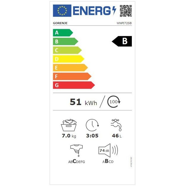 Gorenje | Washing Machine | WNPI72SB | Energy efficiency class B | Front loading | Washing capacity 7 kg | 1200 RPM | Depth 46.5