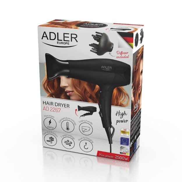 Adler | Hair dryer | AD 2267 | 2100 W | Number of temperature settings 3 | Diffuser nozzle | Black