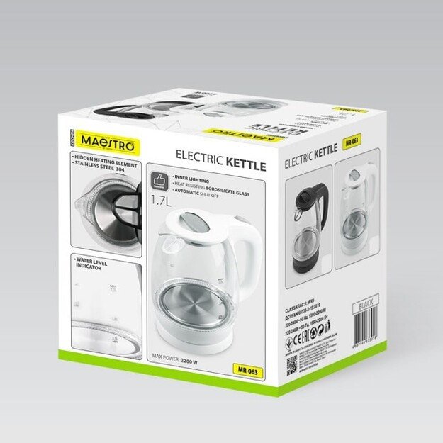 Electric kettle szklany 1,7L 2200W MR-063-WHITE MAESTRO