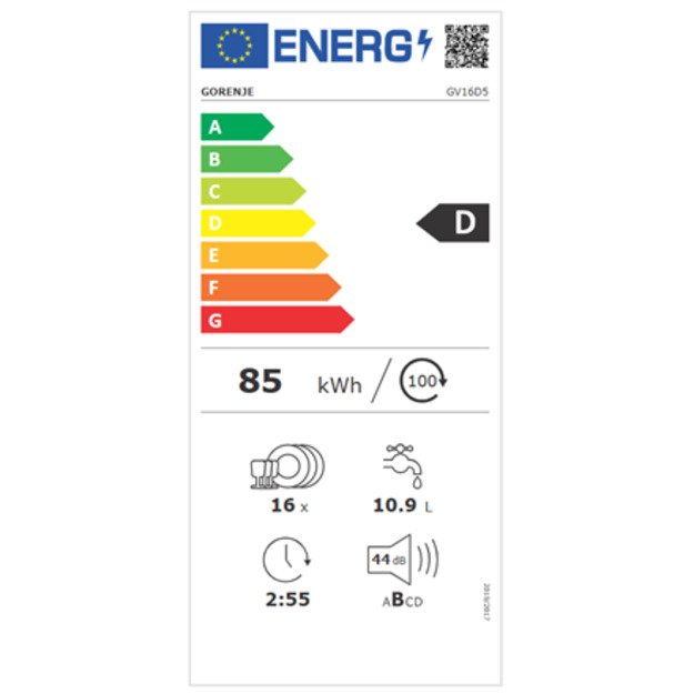 Gorenje Dishwasher | GV16D5 | Built-in | Width 59.8 cm | Number of place settings 16 | Number of programs 6 | Energy efficiency